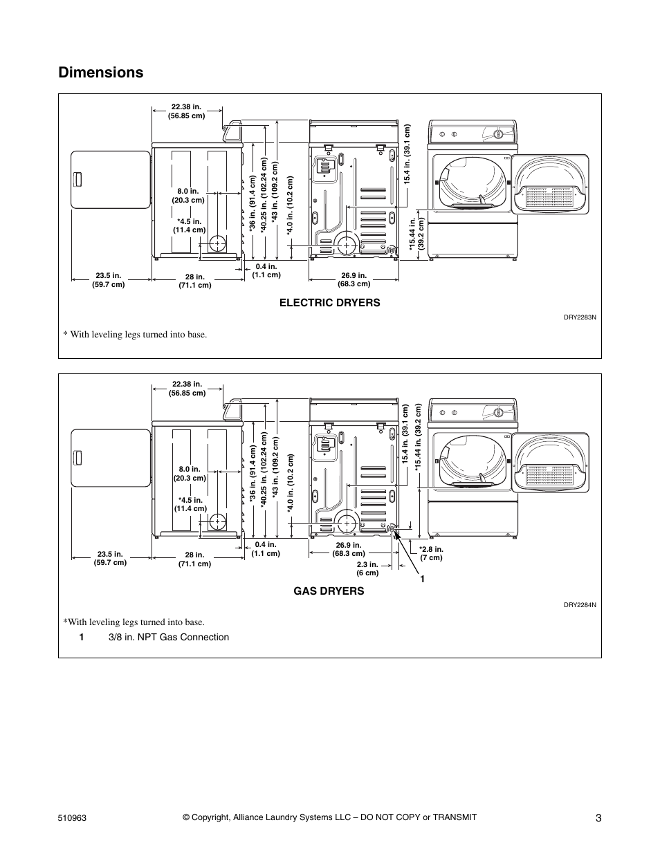 Dimensions, Electric dryers, Gas dryers | With leveling legs turned into base | Alliance Laundry Systems Clothes Dryer User Manual | Page 3 / 20
