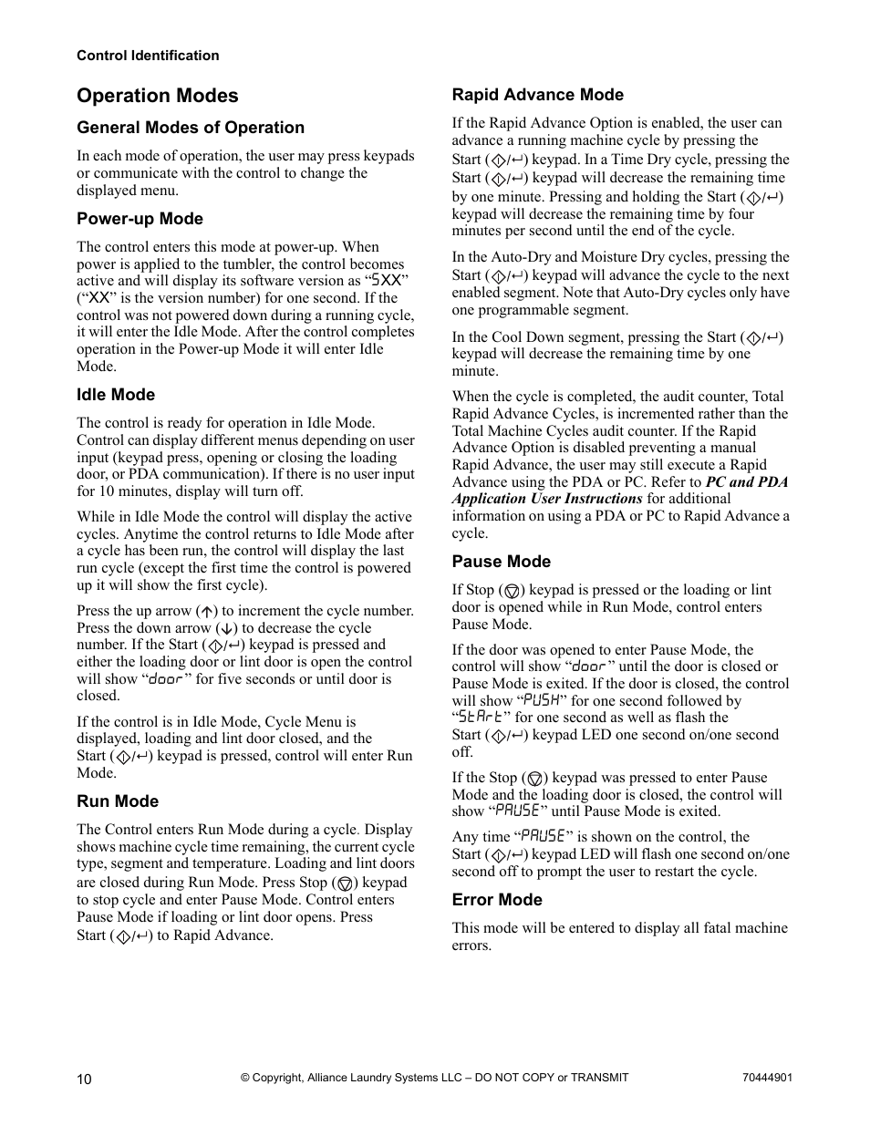 Operation modes | Alliance Laundry Systems 70444901R3 User Manual | Page 12 / 42