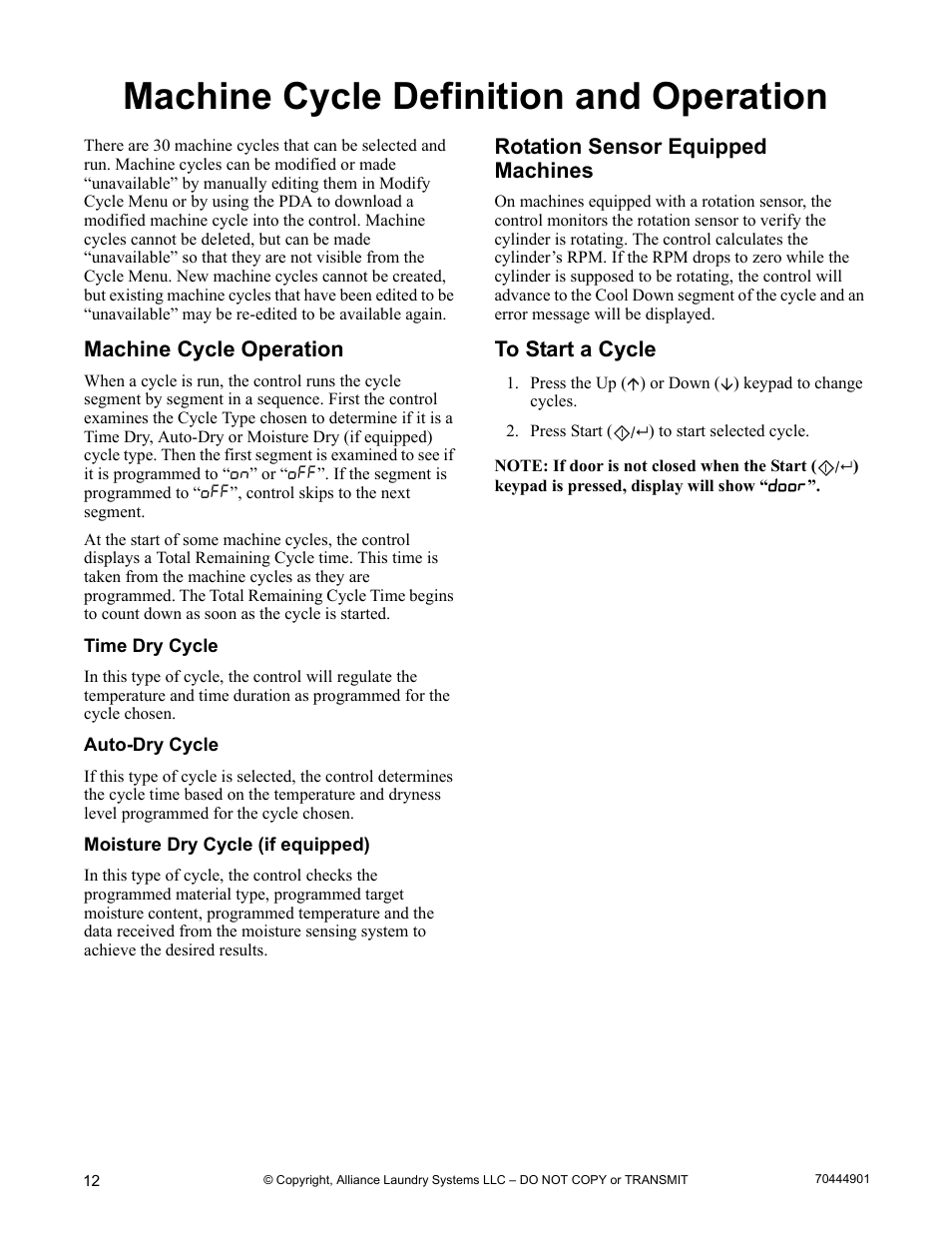 Machine cycle definition and operation, Machine cycle operation, Rotation sensor equipped machines to start a cycle | Rotation sensor equipped machines | Alliance Laundry Systems 70444901R3 User Manual | Page 14 / 42