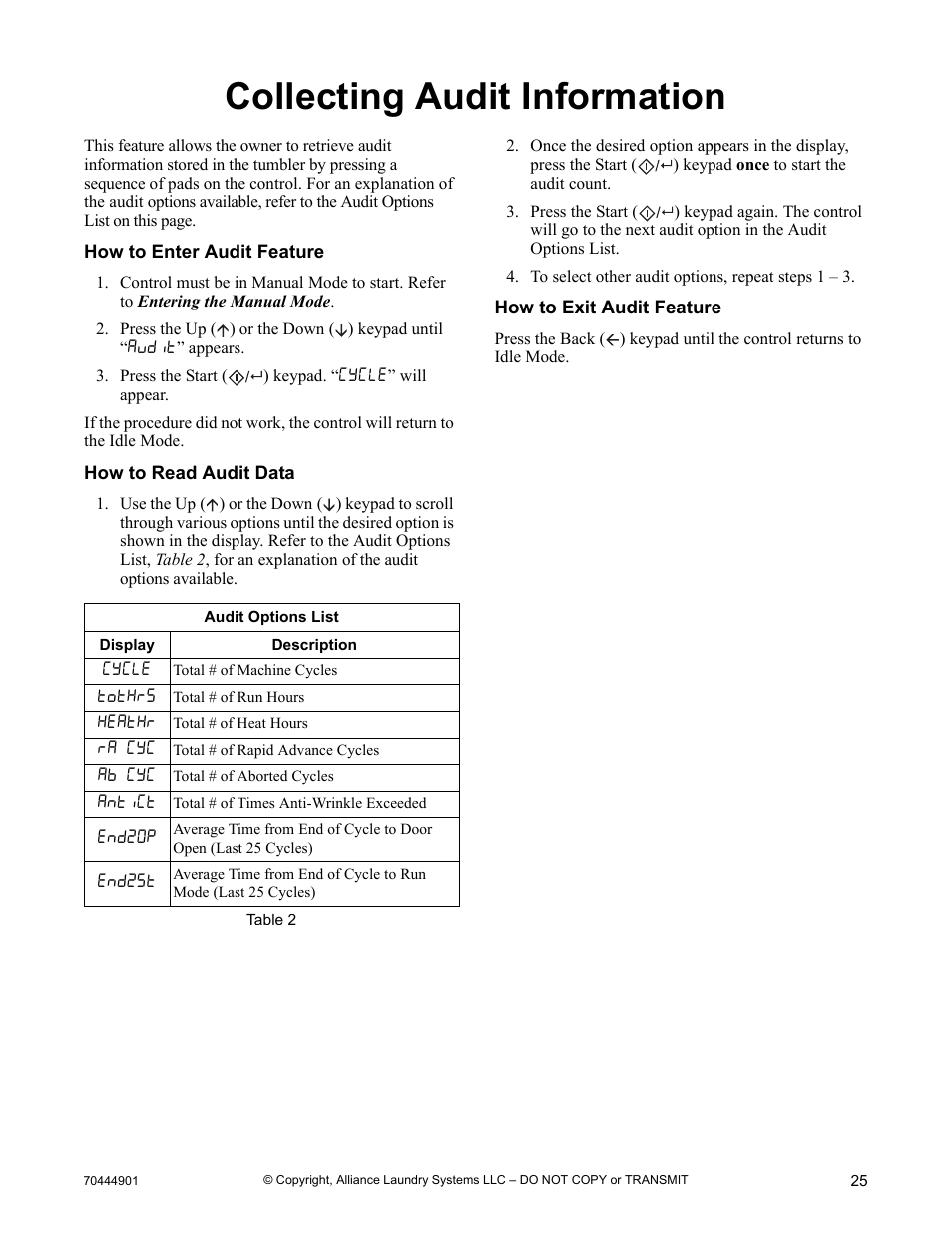 Collecting audit information | Alliance Laundry Systems 70444901R3 User Manual | Page 27 / 42