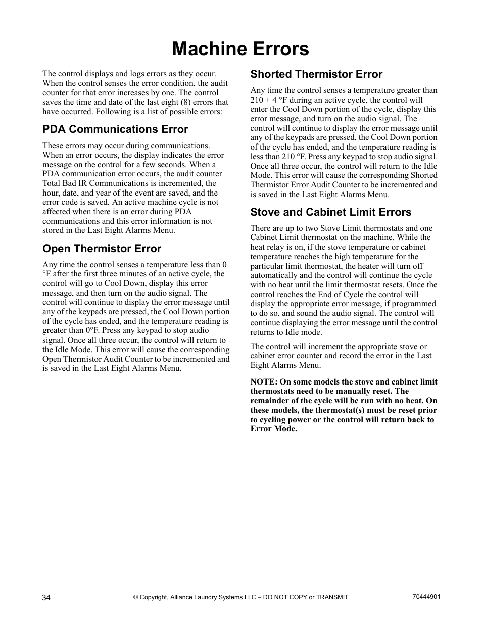 Machine errors, Pda communications error, Open thermistor error | Shorted thermistor error, Stove and cabinet limit errors | Alliance Laundry Systems 70444901R3 User Manual | Page 36 / 42