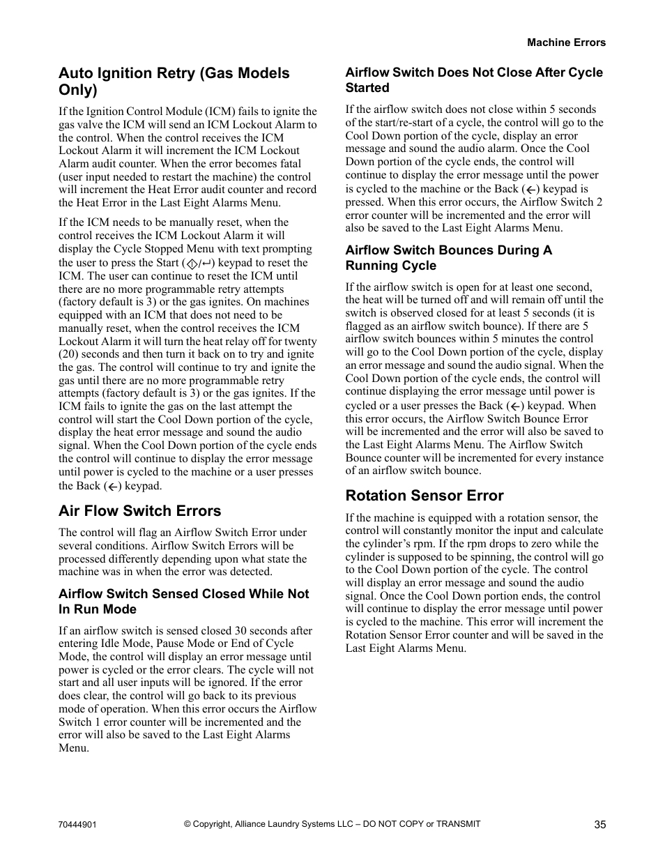 Rotation sensor error, Auto ignition retry (gas models only), Air flow switch errors | Alliance Laundry Systems 70444901R3 User Manual | Page 37 / 42