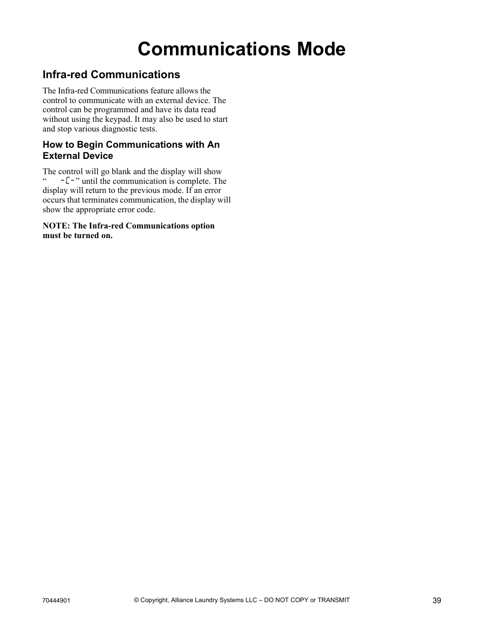 Communications mode, Infra-red communications | Alliance Laundry Systems 70444901R3 User Manual | Page 41 / 42