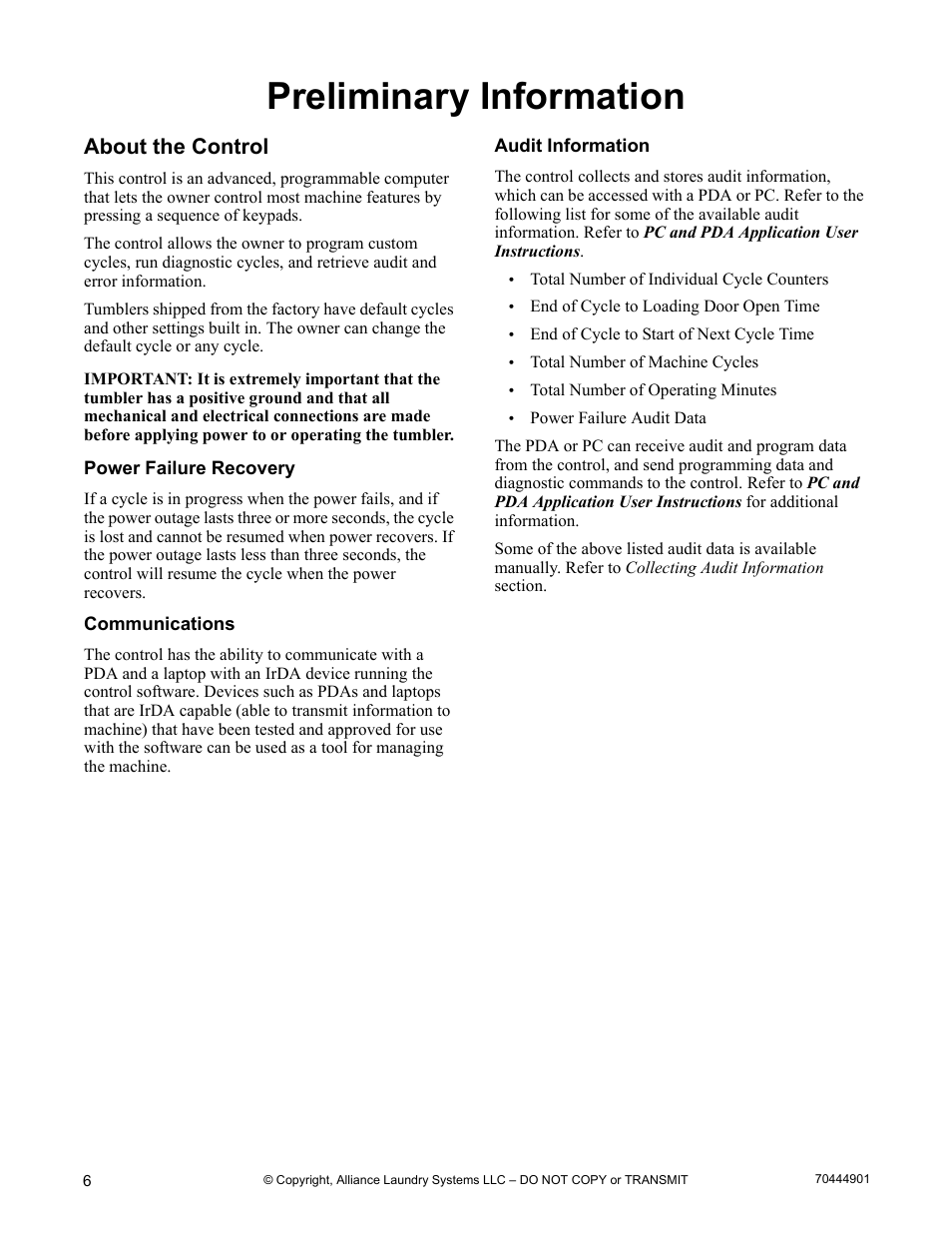 Preliminary information, About the control, Power failure recovery | Communications, Audit information | Alliance Laundry Systems 70444901R3 User Manual | Page 8 / 42