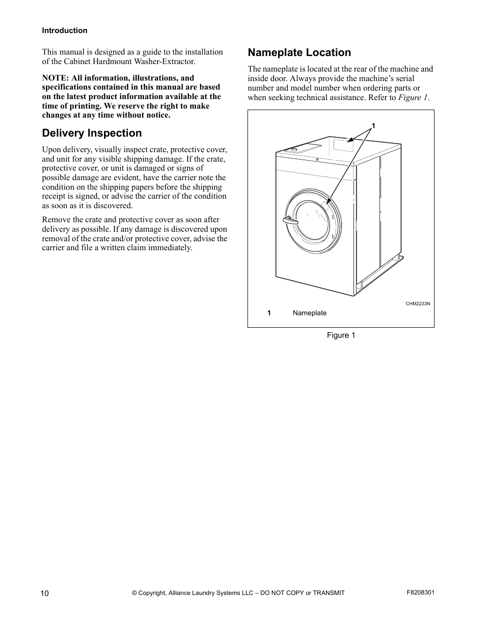 Delivery inspection nameplate location, Delivery inspection, Nameplate location | Alliance Laundry Systems CHM1772C User Manual | Page 12 / 60