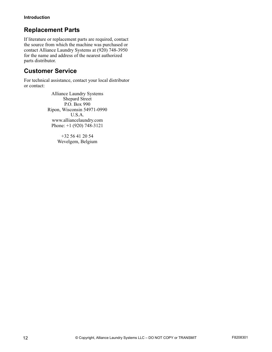 Replacement parts customer service, Replacement parts, Customer service | Alliance Laundry Systems CHM1772C User Manual | Page 14 / 60