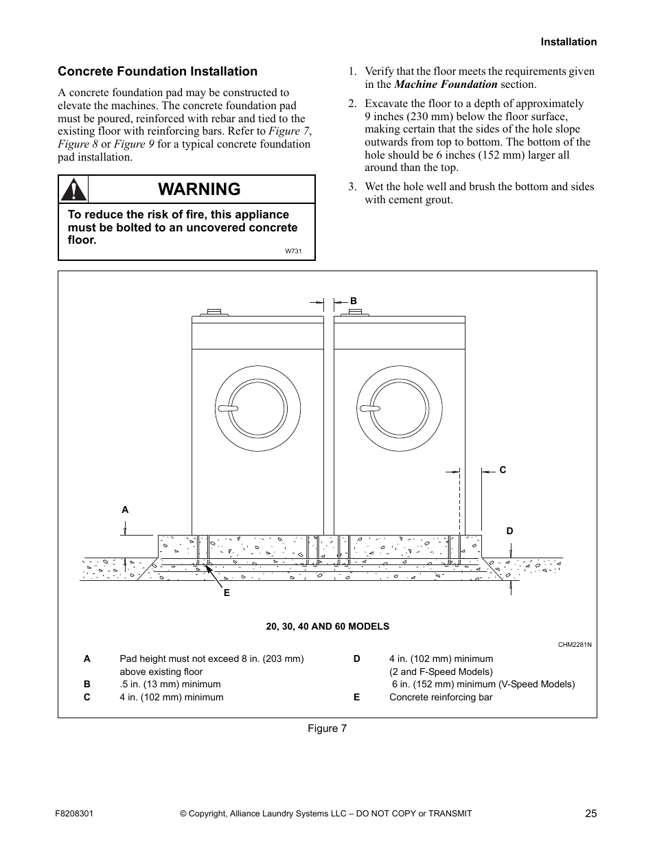 Concrete foundation installation, Warning | Alliance Laundry Systems CHM1772C User Manual | Page 27 / 60