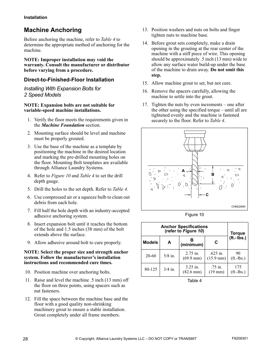 Machine anchoring, Direct-to-finished-floor installation | Alliance Laundry Systems CHM1772C User Manual | Page 30 / 60