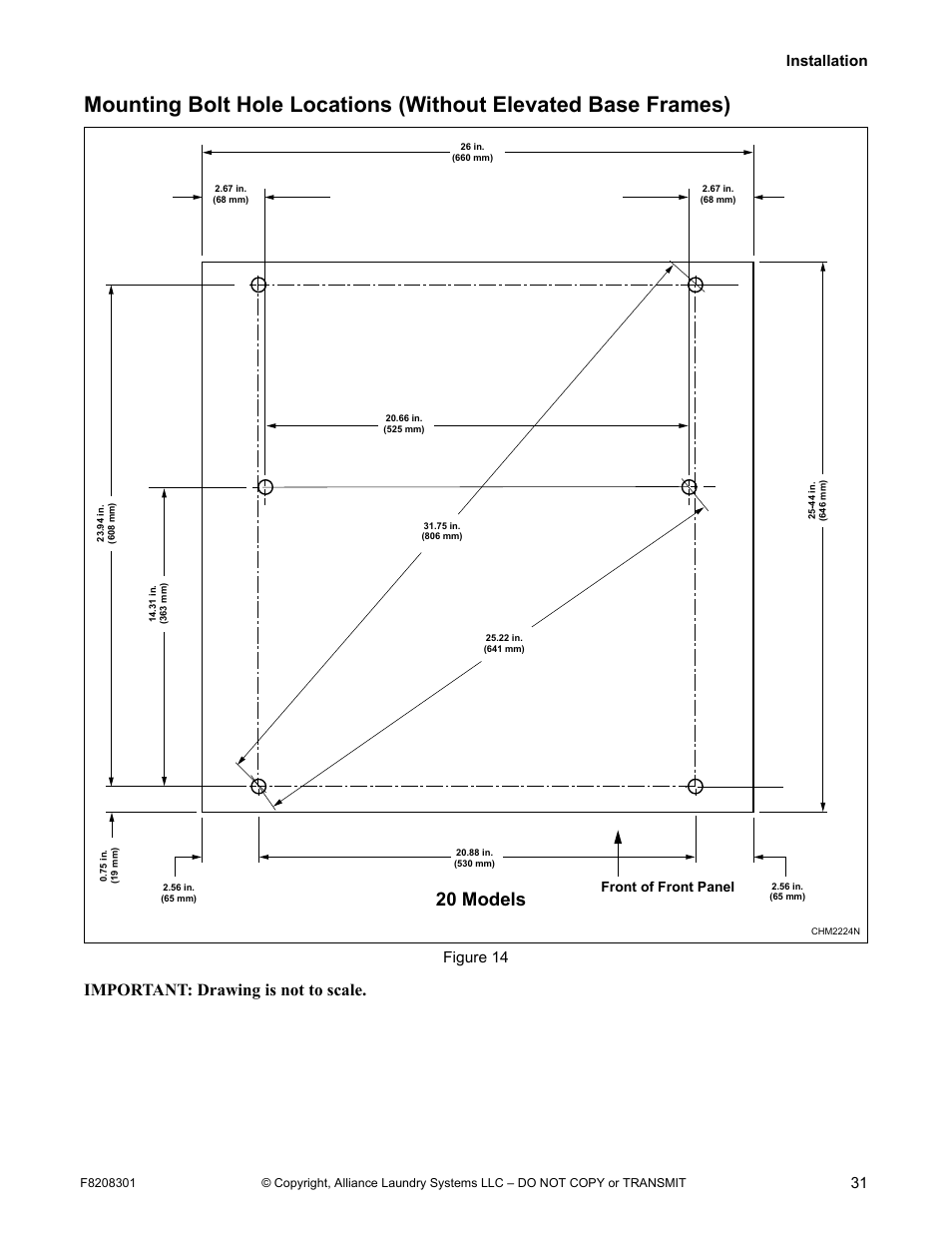 20 models, Important: drawing is not to scale, Installation 31 | Figure 14, Front of front panel | Alliance Laundry Systems CHM1772C User Manual | Page 33 / 60