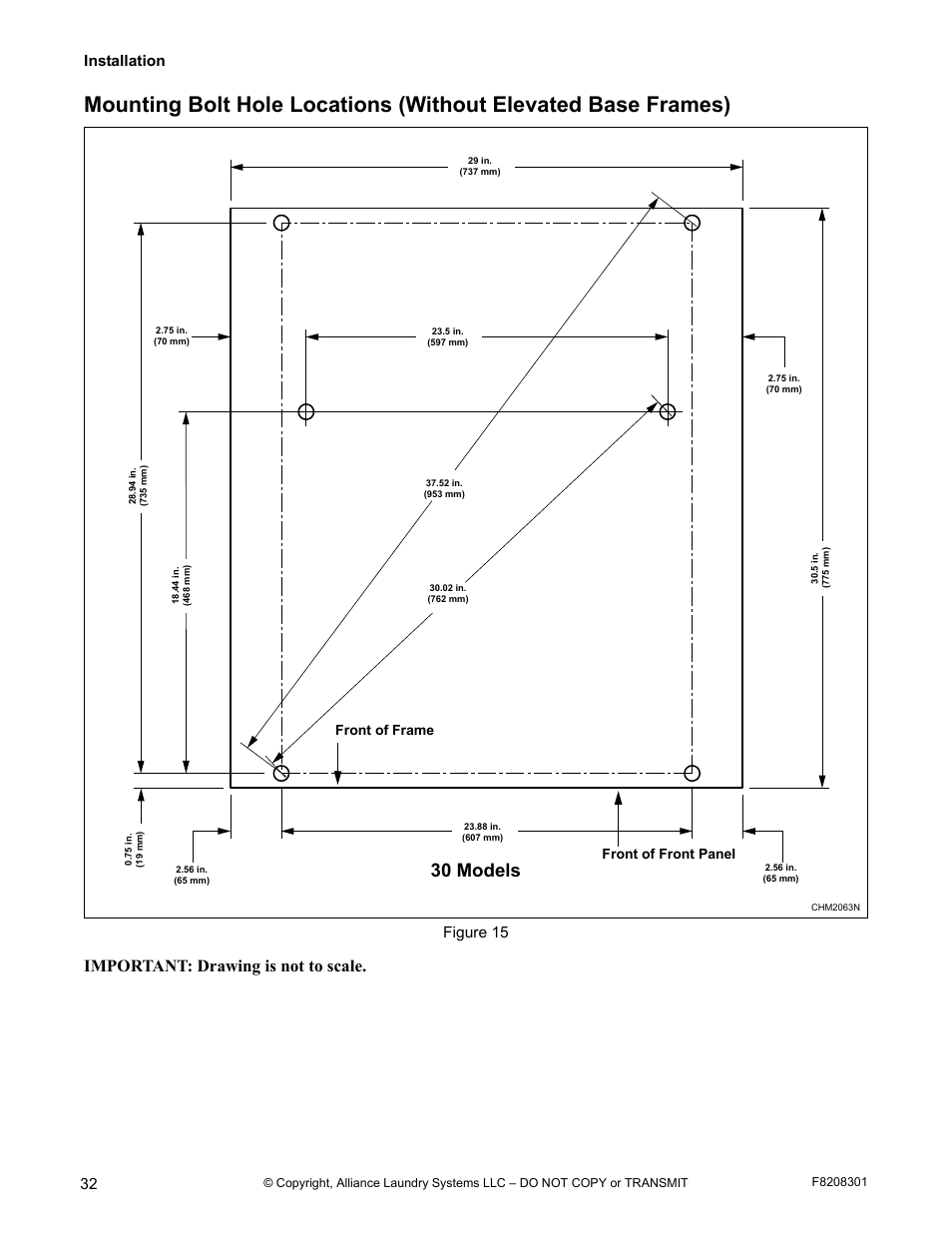 30 models, Important: drawing is not to scale, Installation | Figure 15, Front of front panel front of frame | Alliance Laundry Systems CHM1772C User Manual | Page 34 / 60