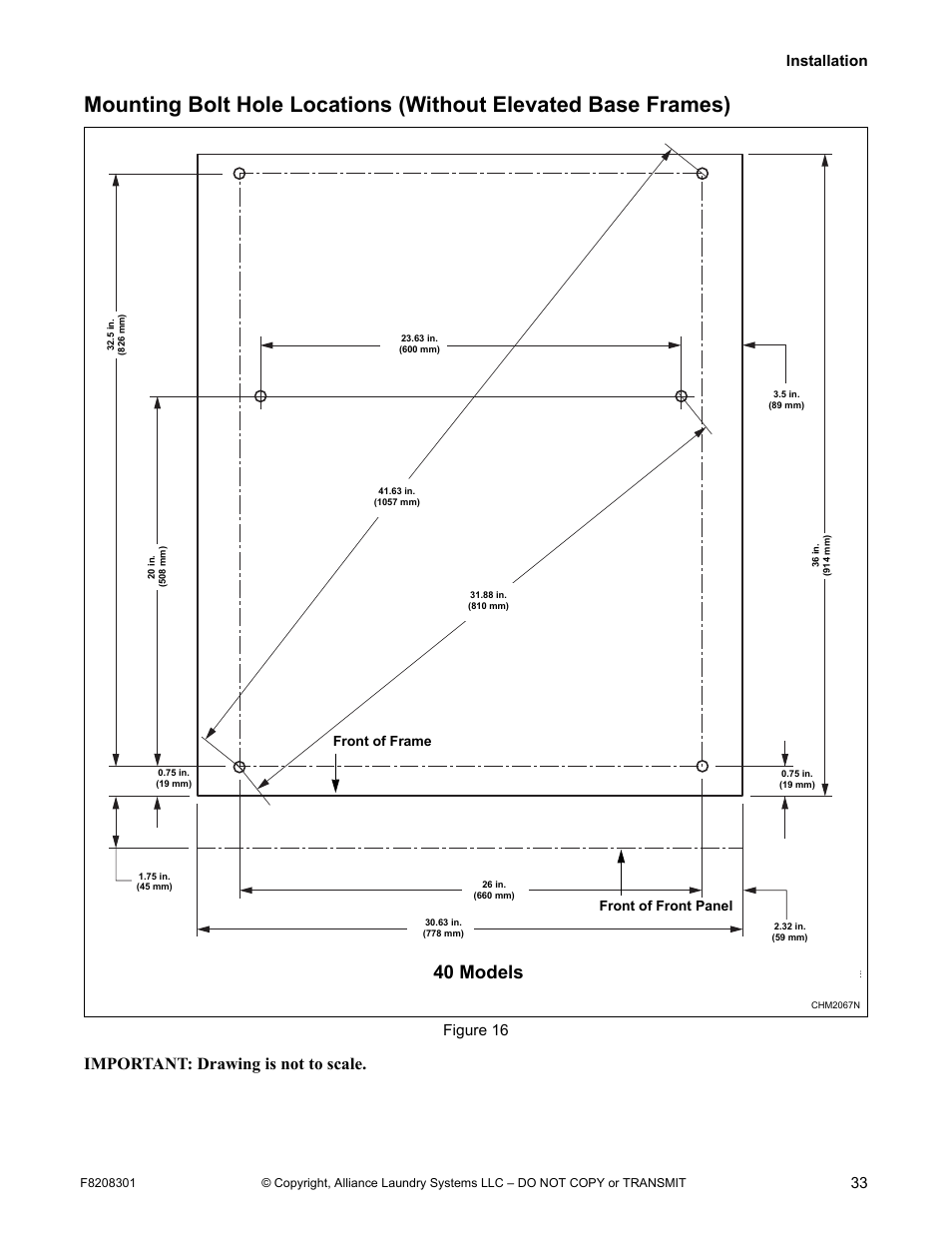 40 models, Important: drawing is not to scale, Installation 33 | Figure 16, Front of front panel front of frame | Alliance Laundry Systems CHM1772C User Manual | Page 35 / 60