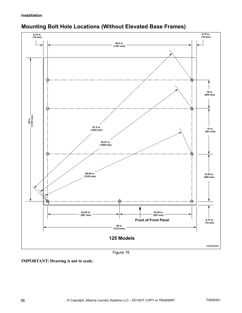 125 models, Important: drawing is not to scale, Installation | Figure 19, Front of front panel | Alliance Laundry Systems CHM1772C User Manual | Page 38 / 60