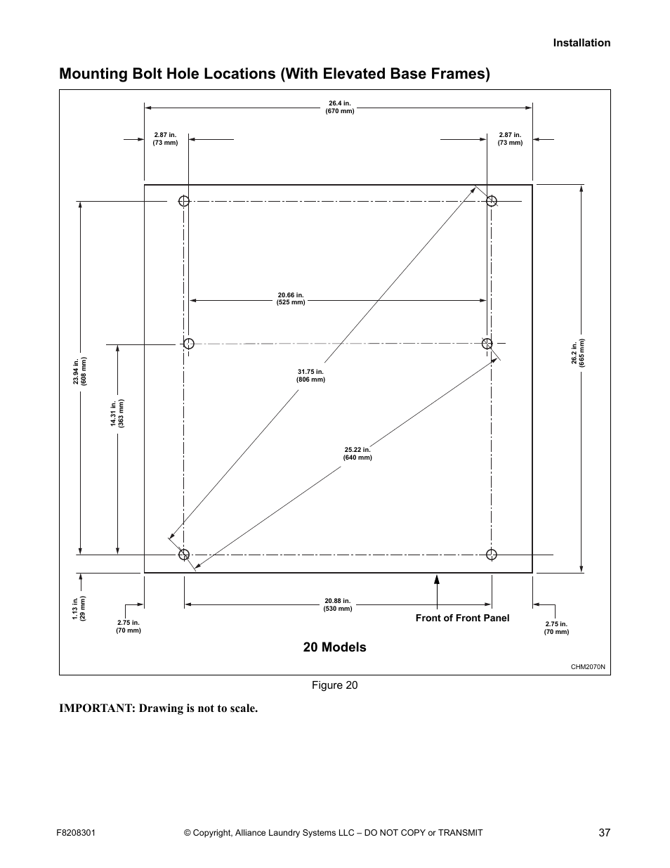 20 models, Important: drawing is not to scale, Installation 37 | Figure 20, Front of front panel | Alliance Laundry Systems CHM1772C User Manual | Page 39 / 60