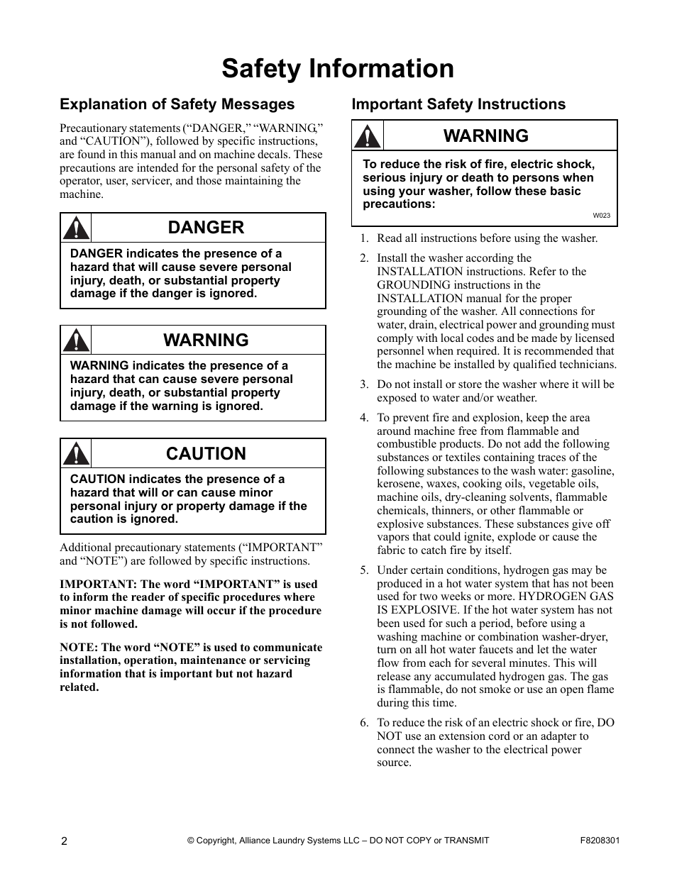 Safety information, Explanation of safety messages, Important safety instructions | Danger, Warning, Caution | Alliance Laundry Systems CHM1772C User Manual | Page 4 / 60