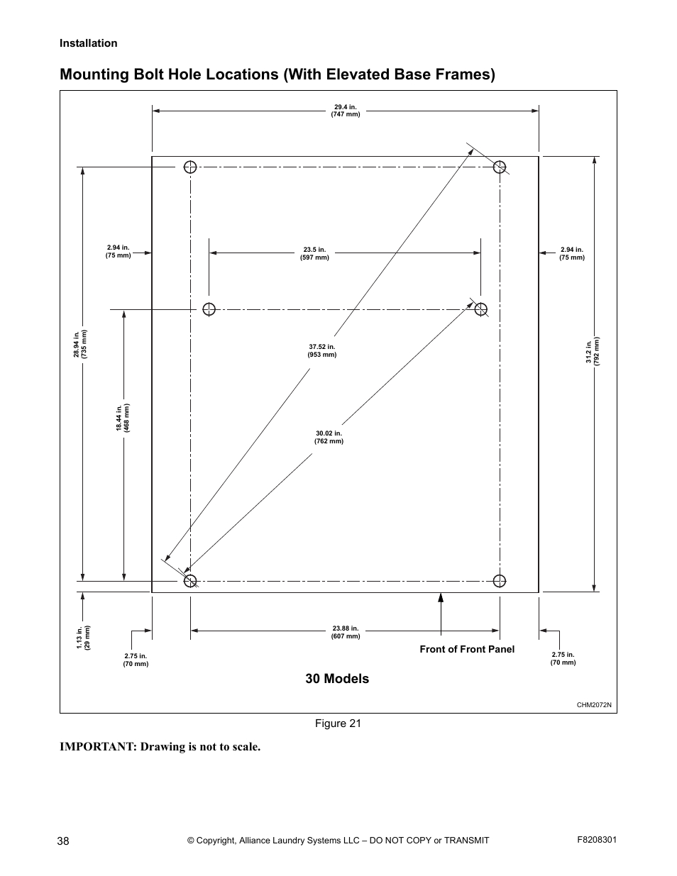 30 models, Important: drawing is not to scale, Installation | Figure 21, Front of front panel | Alliance Laundry Systems CHM1772C User Manual | Page 40 / 60