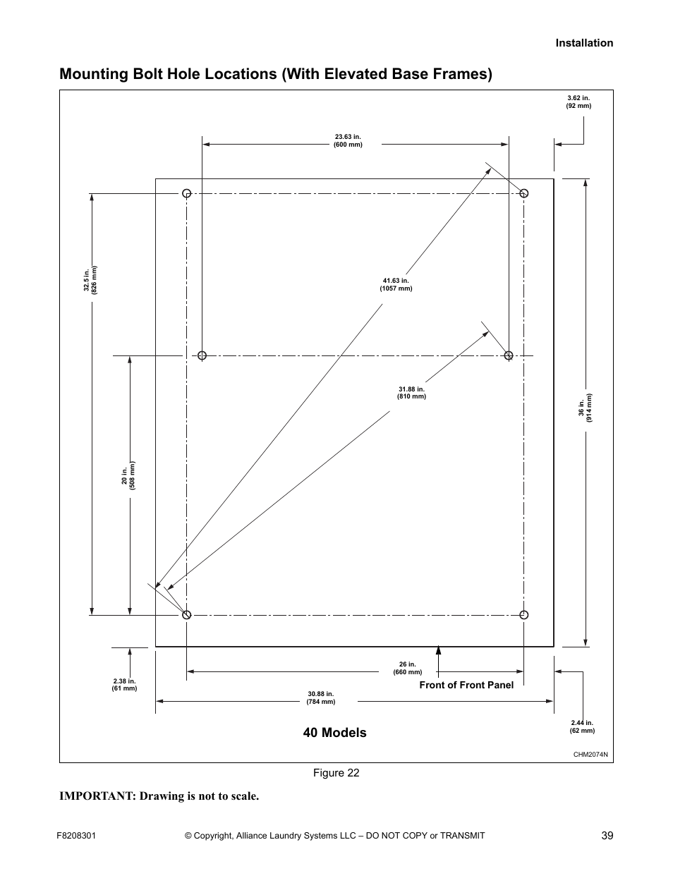 40 models, Important: drawing is not to scale, Installation 39 | Figure 22, Front of front panel | Alliance Laundry Systems CHM1772C User Manual | Page 41 / 60