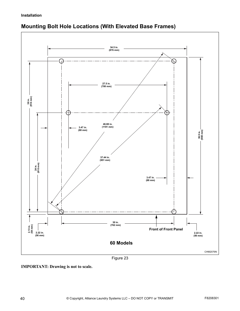 60 models, Important: drawing is not to scale, Installation | Figure 23, Front of front panel | Alliance Laundry Systems CHM1772C User Manual | Page 42 / 60