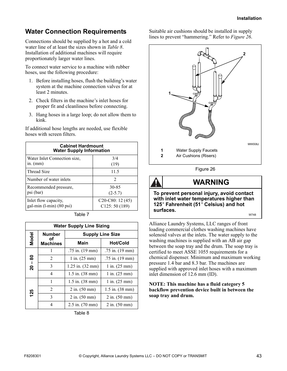 Water connection requirements, Warning | Alliance Laundry Systems CHM1772C User Manual | Page 45 / 60