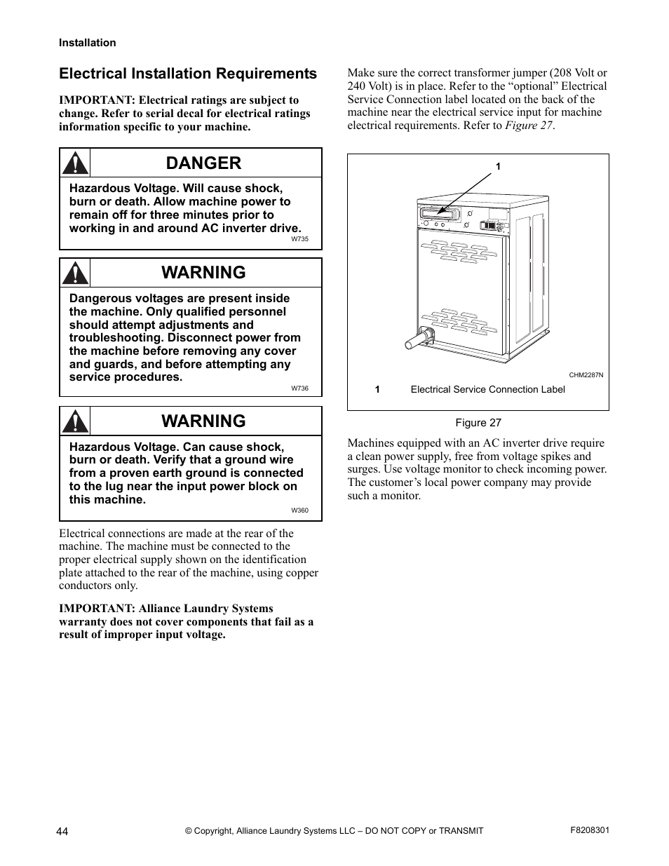 Electrical installation requirements, Danger, Warning | Alliance Laundry Systems CHM1772C User Manual | Page 46 / 60