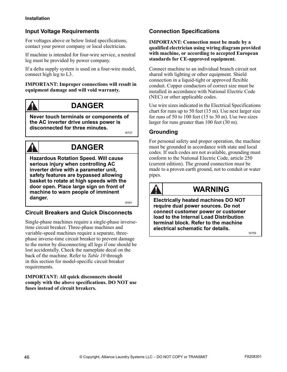 Danger, Warning | Alliance Laundry Systems CHM1772C User Manual | Page 48 / 60