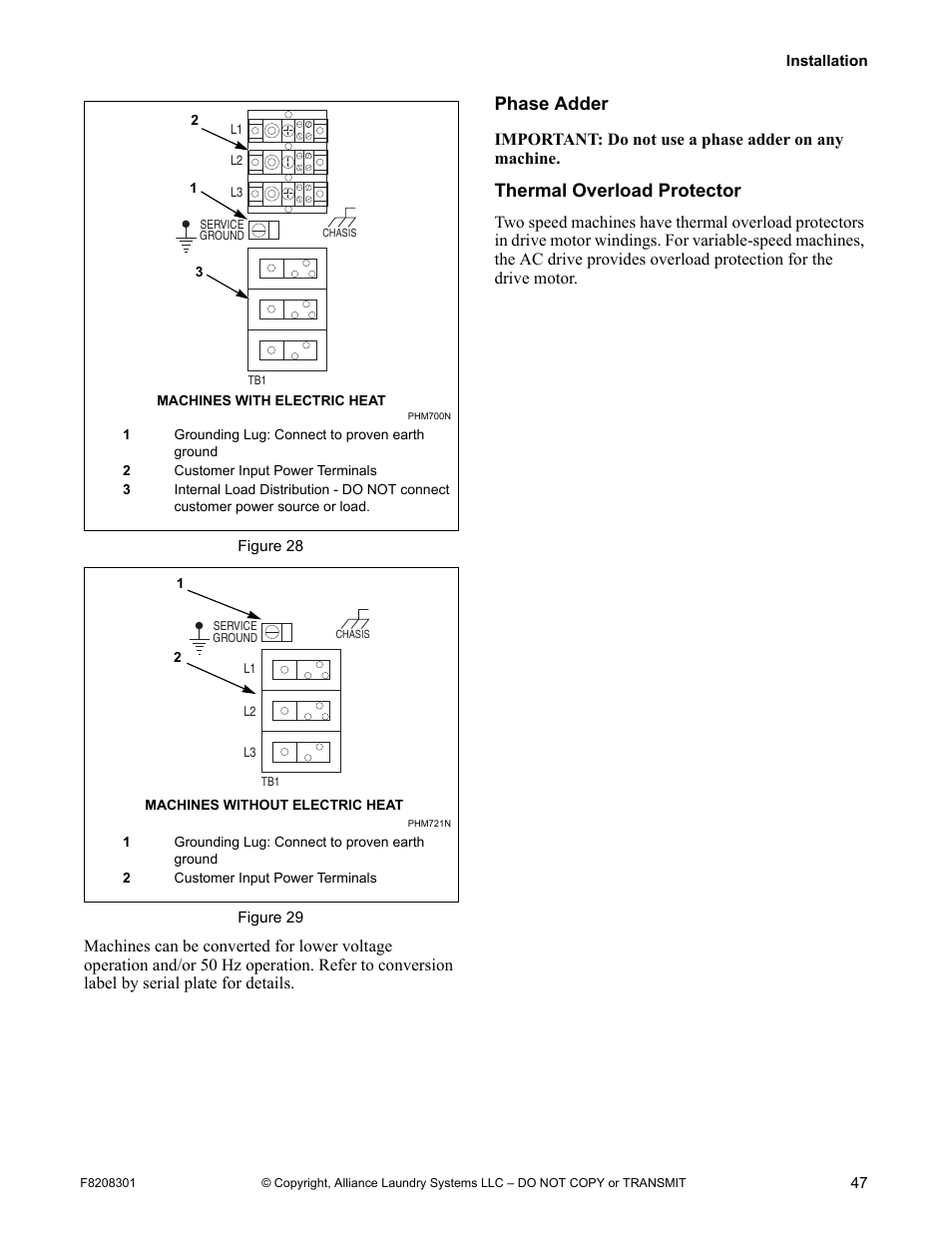 Phase adder thermal overload protector, Phase adder, Thermal overload protector | Alliance Laundry Systems CHM1772C User Manual | Page 49 / 60