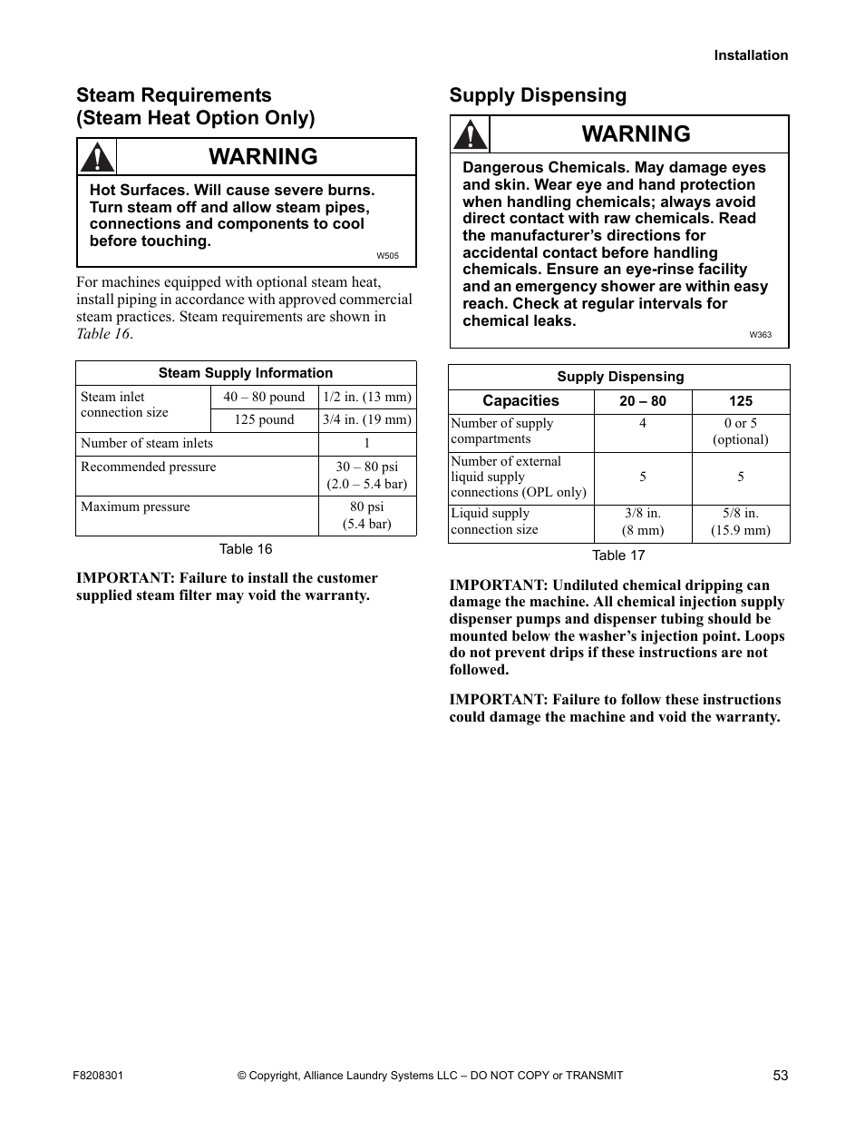 Warning, Steam requirements (steam heat option only), Supply dispensing | Alliance Laundry Systems CHM1772C User Manual | Page 55 / 60