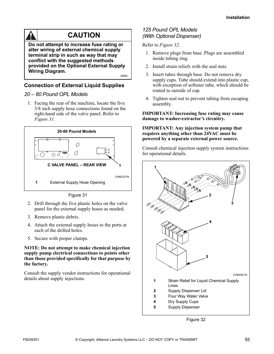 Connection of external liquid supplies, Caution | Alliance Laundry Systems CHM1772C User Manual | Page 57 / 60