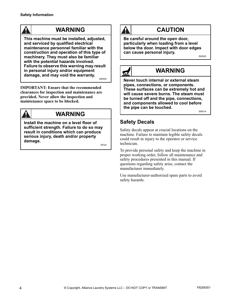 Safety decals, Warning, Caution | Alliance Laundry Systems CHM1772C User Manual | Page 6 / 60