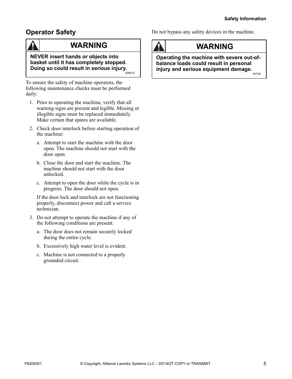 Operator safety, Warning | Alliance Laundry Systems CHM1772C User Manual | Page 7 / 60