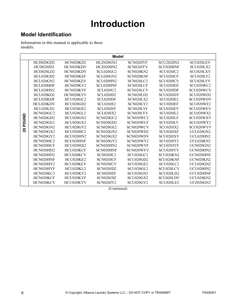 Introduction, Model identification | Alliance Laundry Systems CHM1772C User Manual | Page 8 / 60