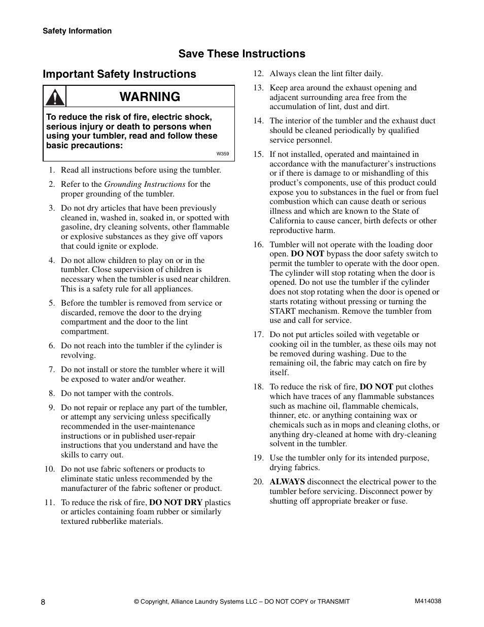 Warning | Alliance Laundry Systems T433I User Manual | Page 10 / 116