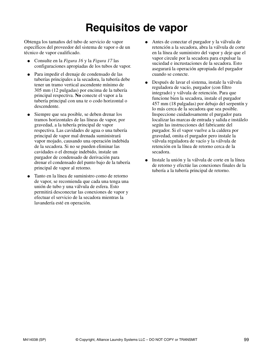 Requisitos de vapor | Alliance Laundry Systems T433I User Manual | Page 101 / 116