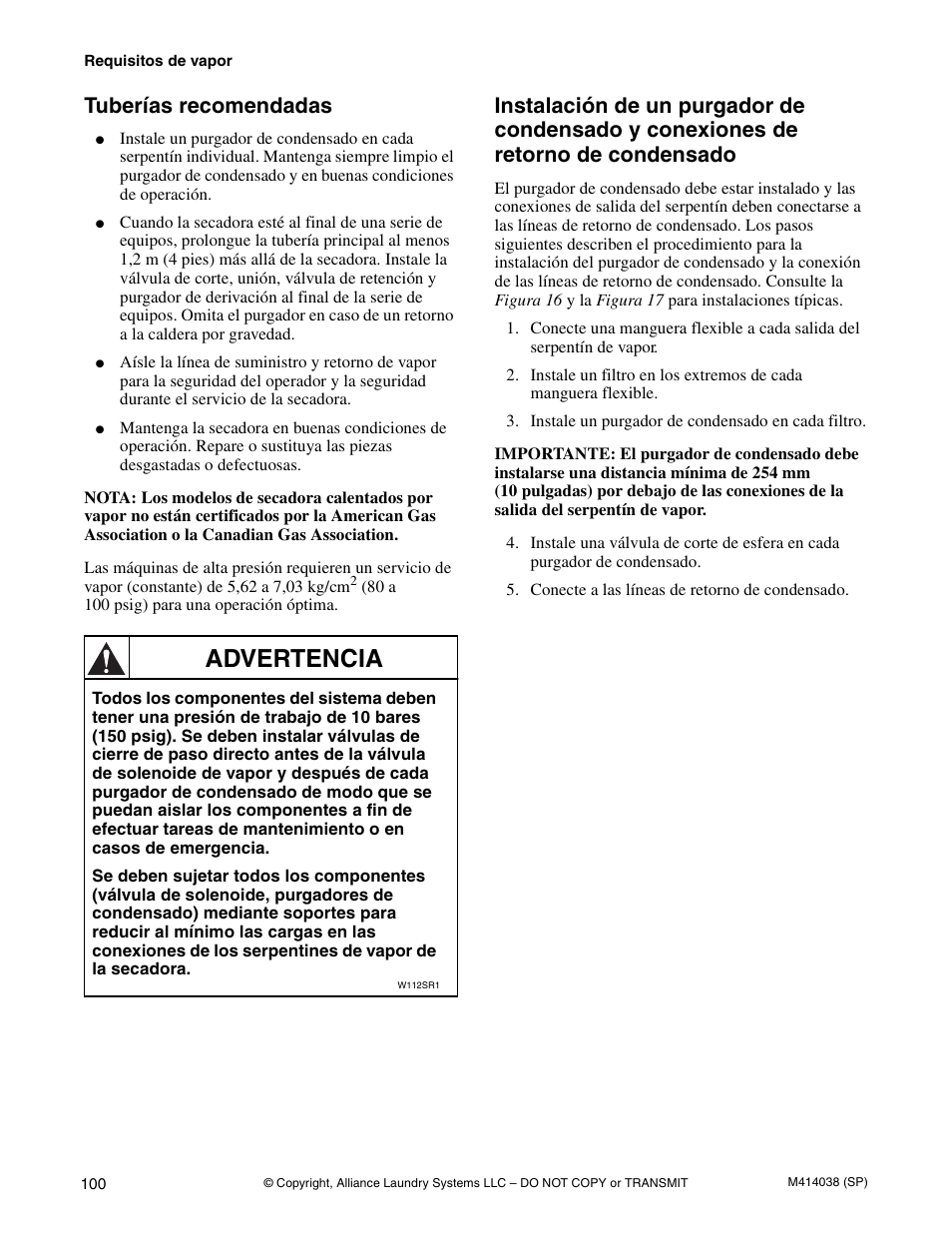 Advertencia, Tuberías recomendadas | Alliance Laundry Systems T433I User Manual | Page 102 / 116