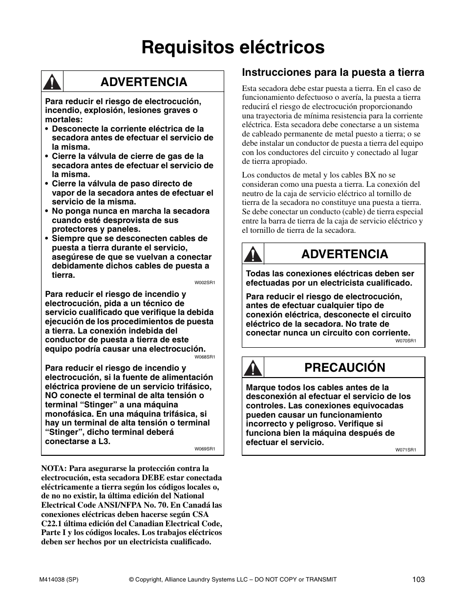Requisitos eléctricos, Advertencia, Precaución | Instrucciones para la puesta a tierra | Alliance Laundry Systems T433I User Manual | Page 105 / 116