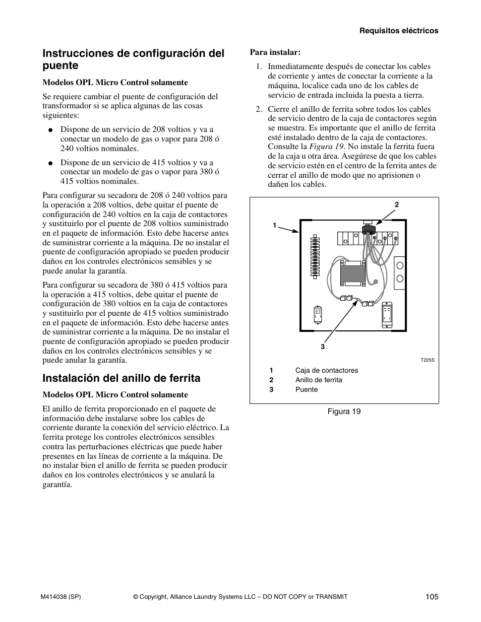 Instrucciones de configuración del puente, Instalación del anillo de ferrita | Alliance Laundry Systems T433I User Manual | Page 107 / 116