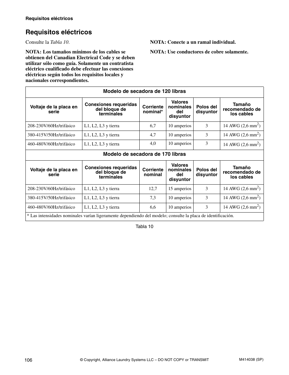 Requisitos eléctricos | Alliance Laundry Systems T433I User Manual | Page 108 / 116
