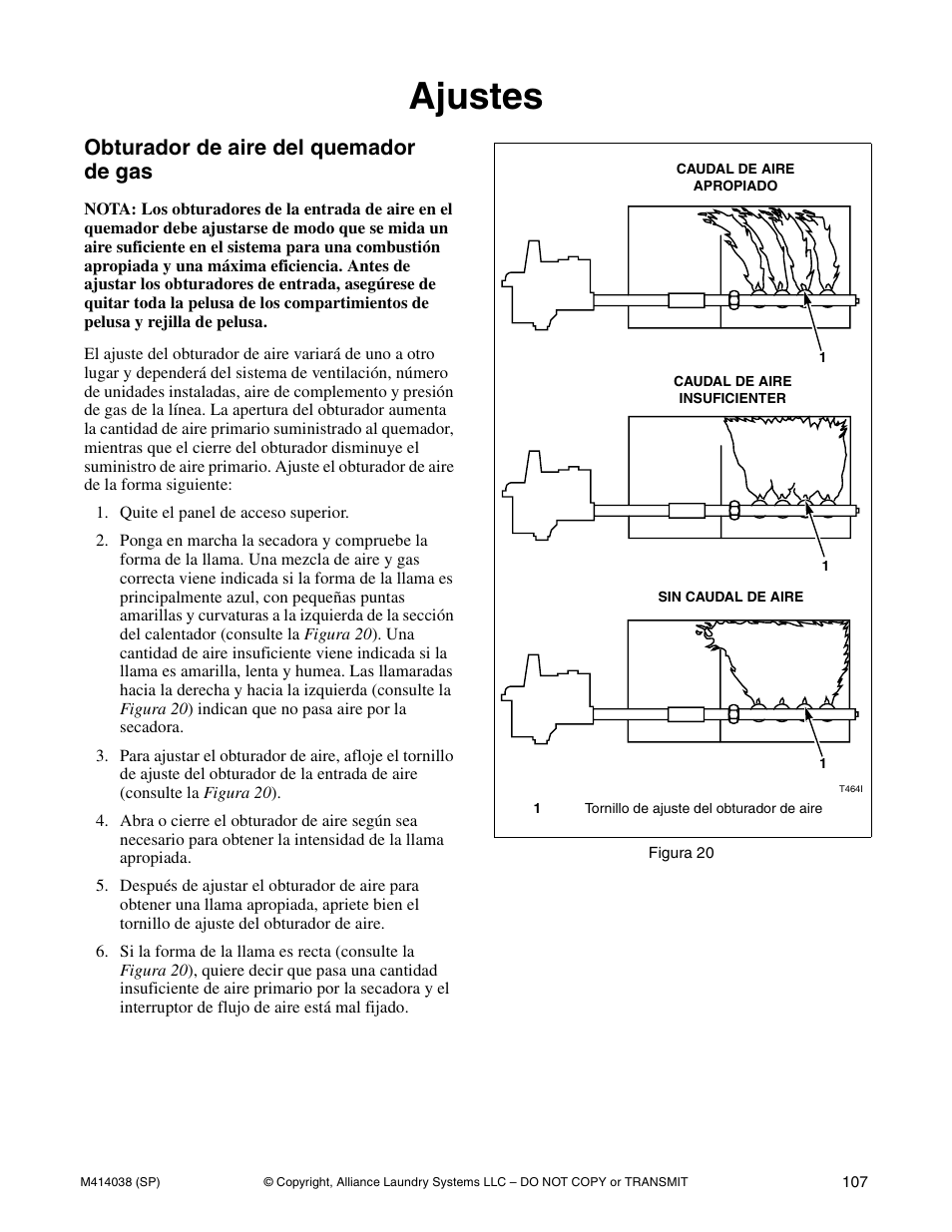 Ajustes, Obturador de aire del quemador de gas | Alliance Laundry Systems T433I User Manual | Page 109 / 116