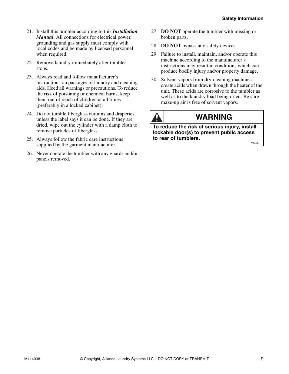 Warning | Alliance Laundry Systems T433I User Manual | Page 11 / 116