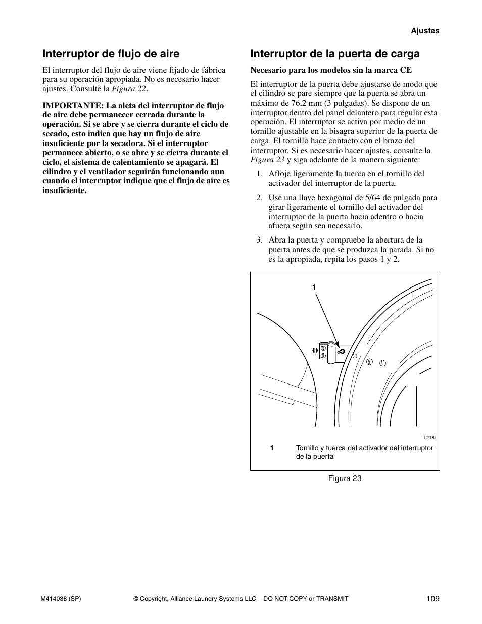 Interruptor de flujo de aire, Interruptor de la puerta de carga | Alliance Laundry Systems T433I User Manual | Page 111 / 116