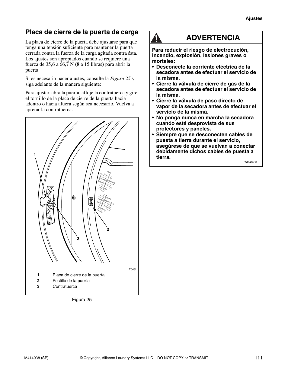Advertencia, Placa de cierre de la puerta de carga | Alliance Laundry Systems T433I User Manual | Page 113 / 116