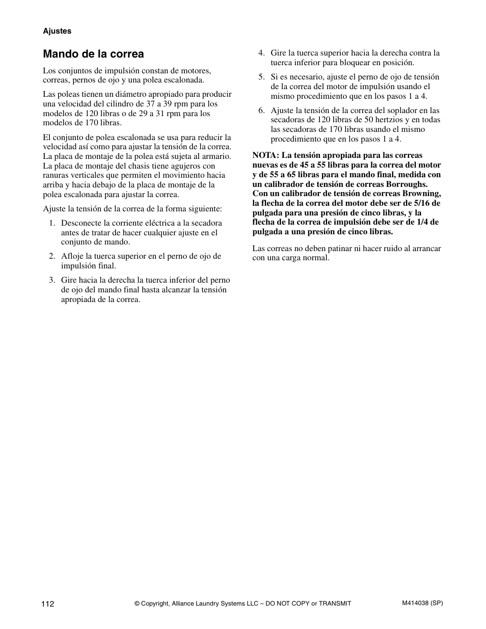 Mando de la correa | Alliance Laundry Systems T433I User Manual | Page 114 / 116