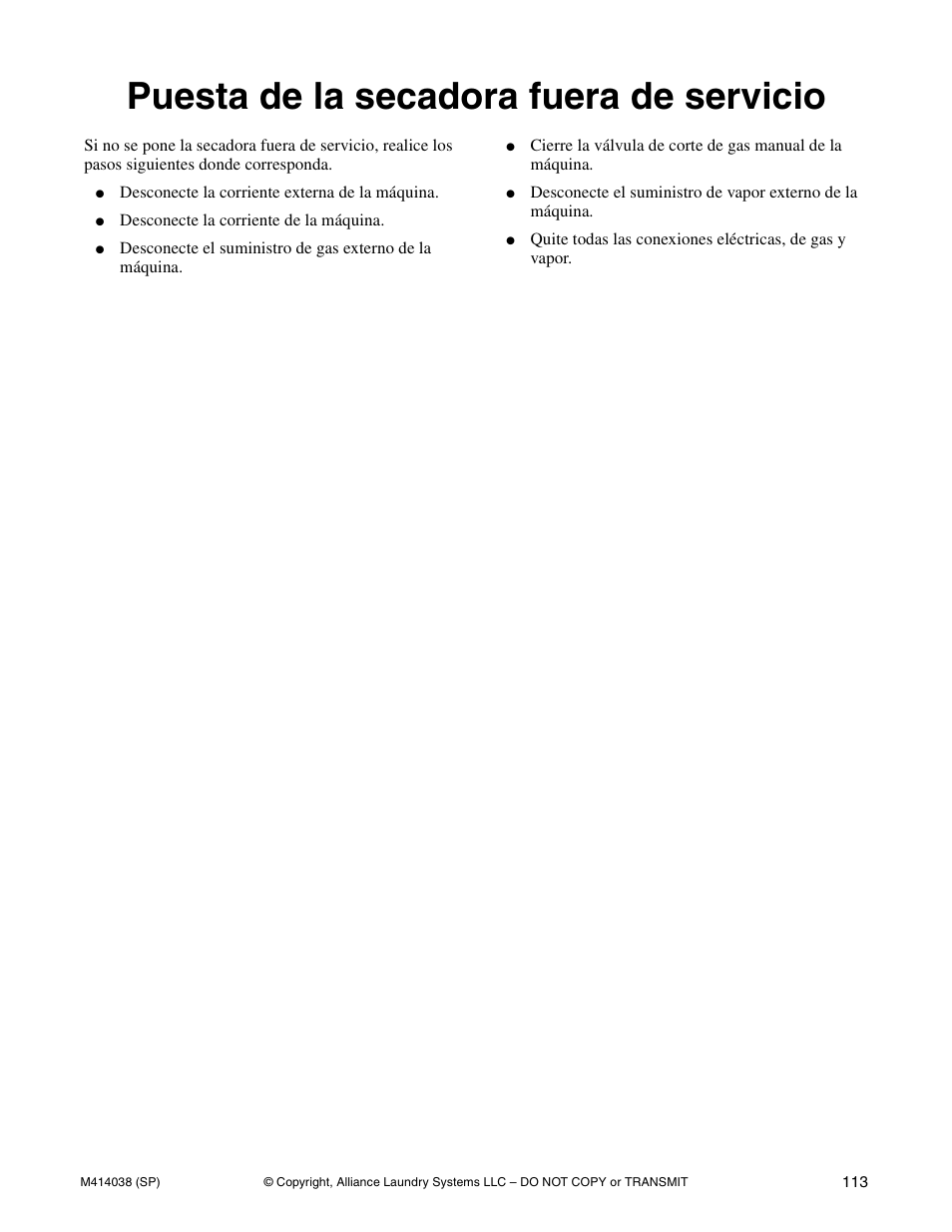 Puesta de la secadora fuera de servicio | Alliance Laundry Systems T433I User Manual | Page 115 / 116