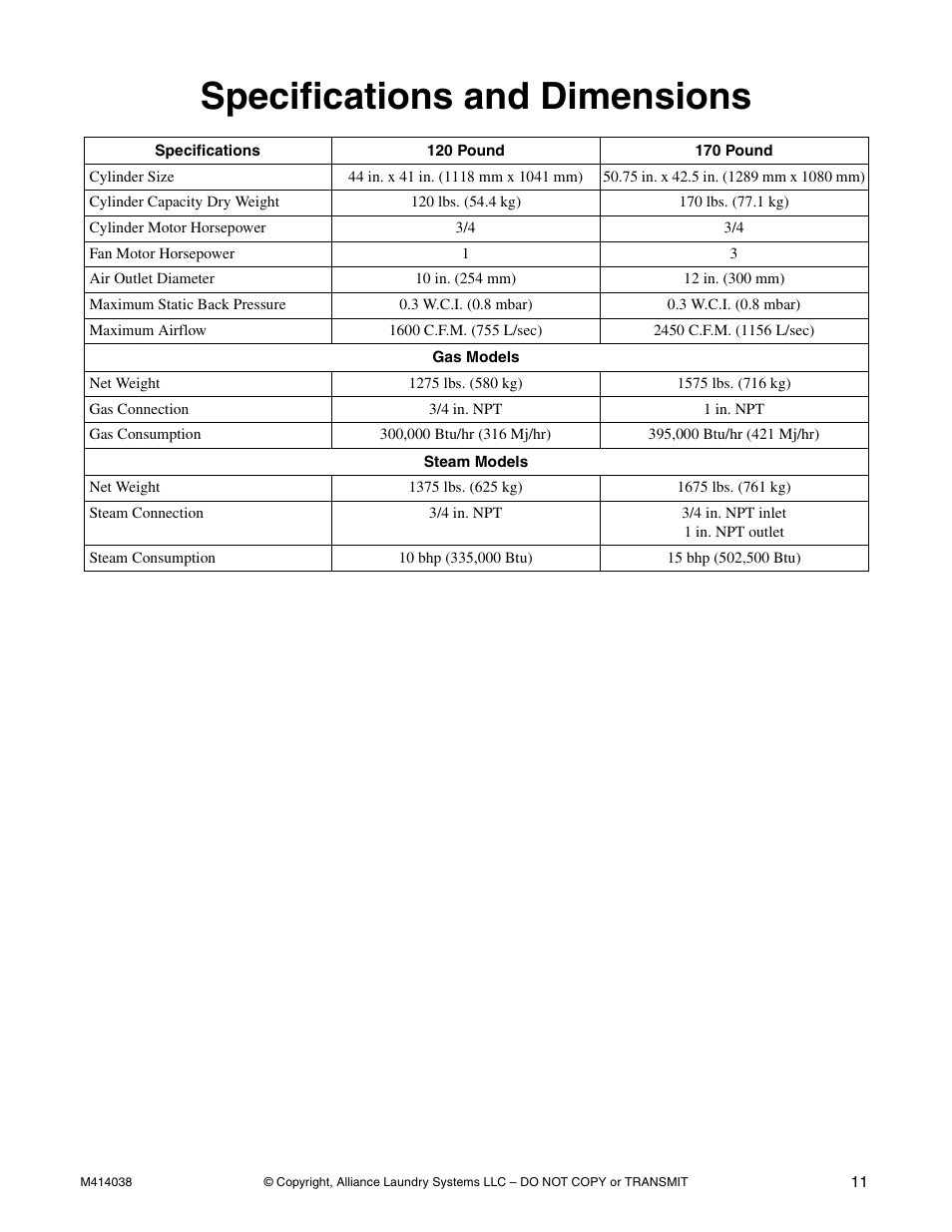Specifications and dimensions | Alliance Laundry Systems T433I User Manual | Page 13 / 116
