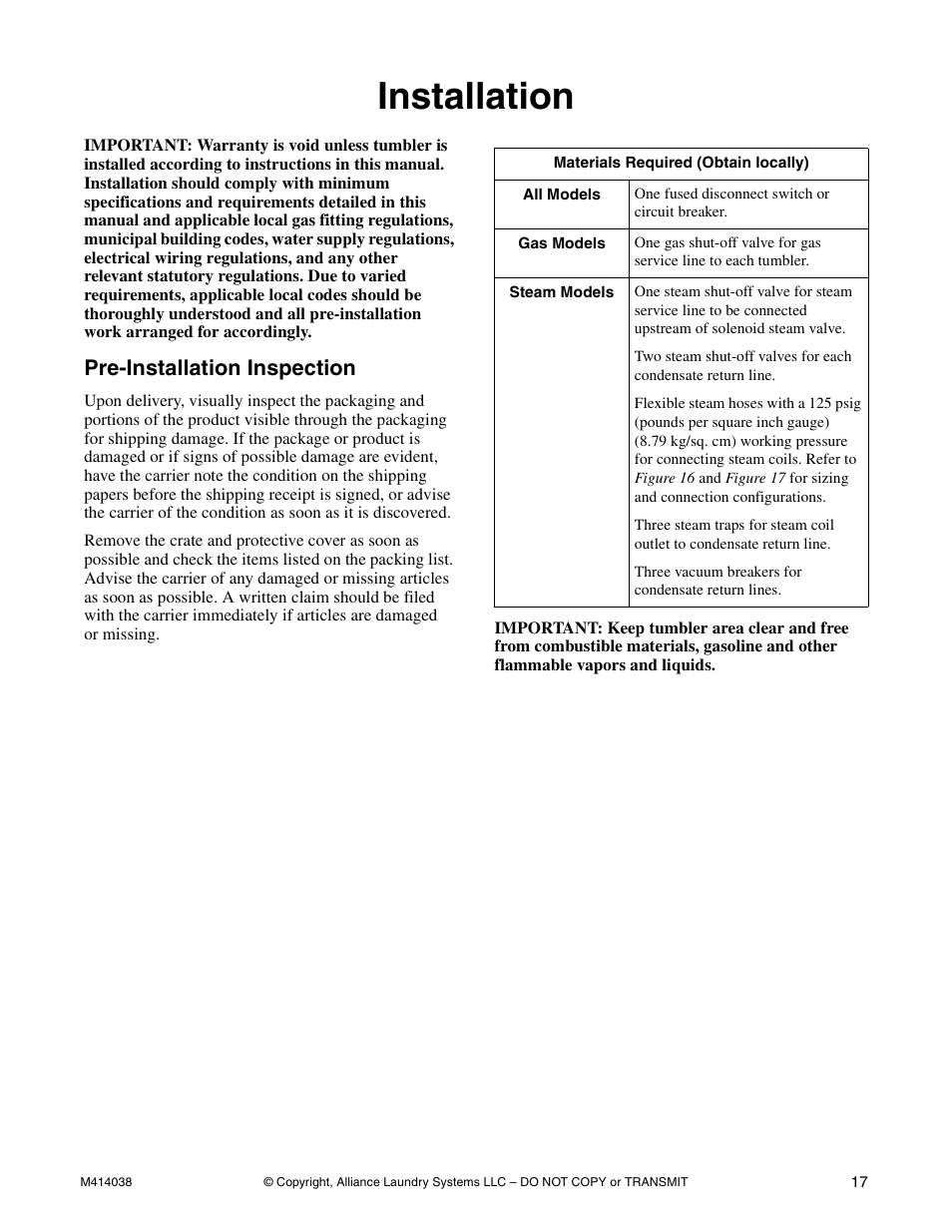 Installation, Pre-installation inspection | Alliance Laundry Systems T433I User Manual | Page 19 / 116