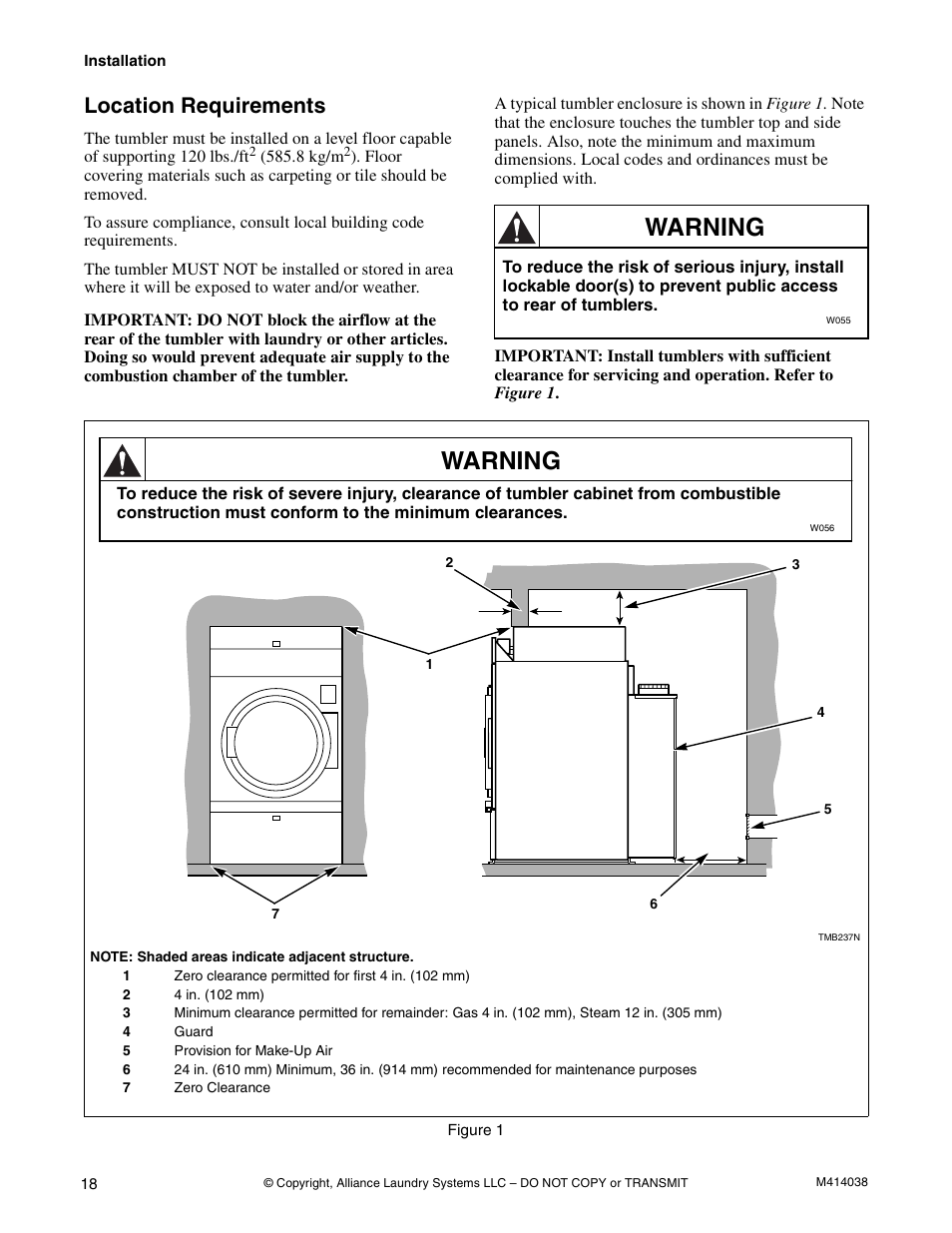 Warning, Location requirements | Alliance Laundry Systems T433I User Manual | Page 20 / 116