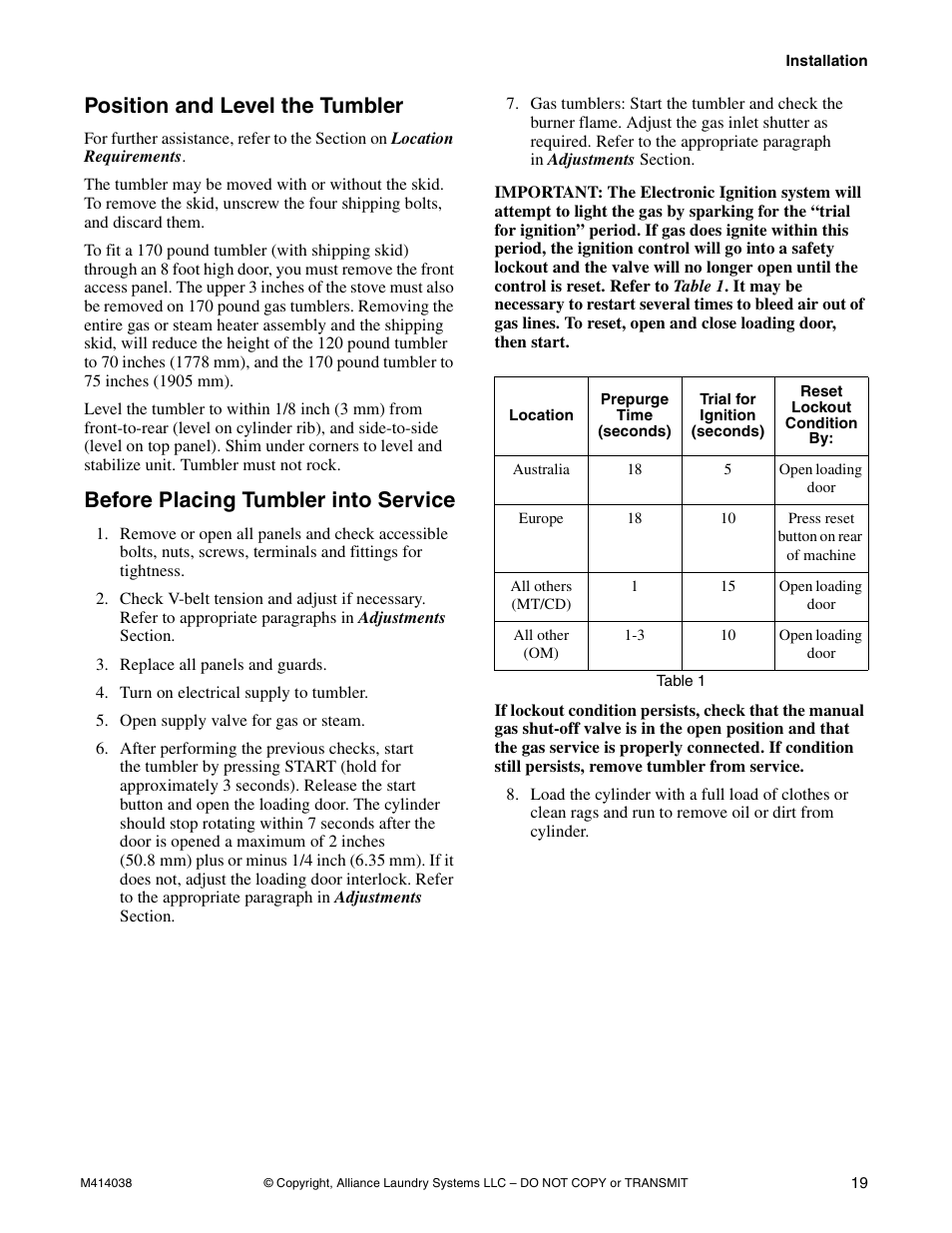 Position and level the tumbler, Before placing tumbler into service | Alliance Laundry Systems T433I User Manual | Page 21 / 116