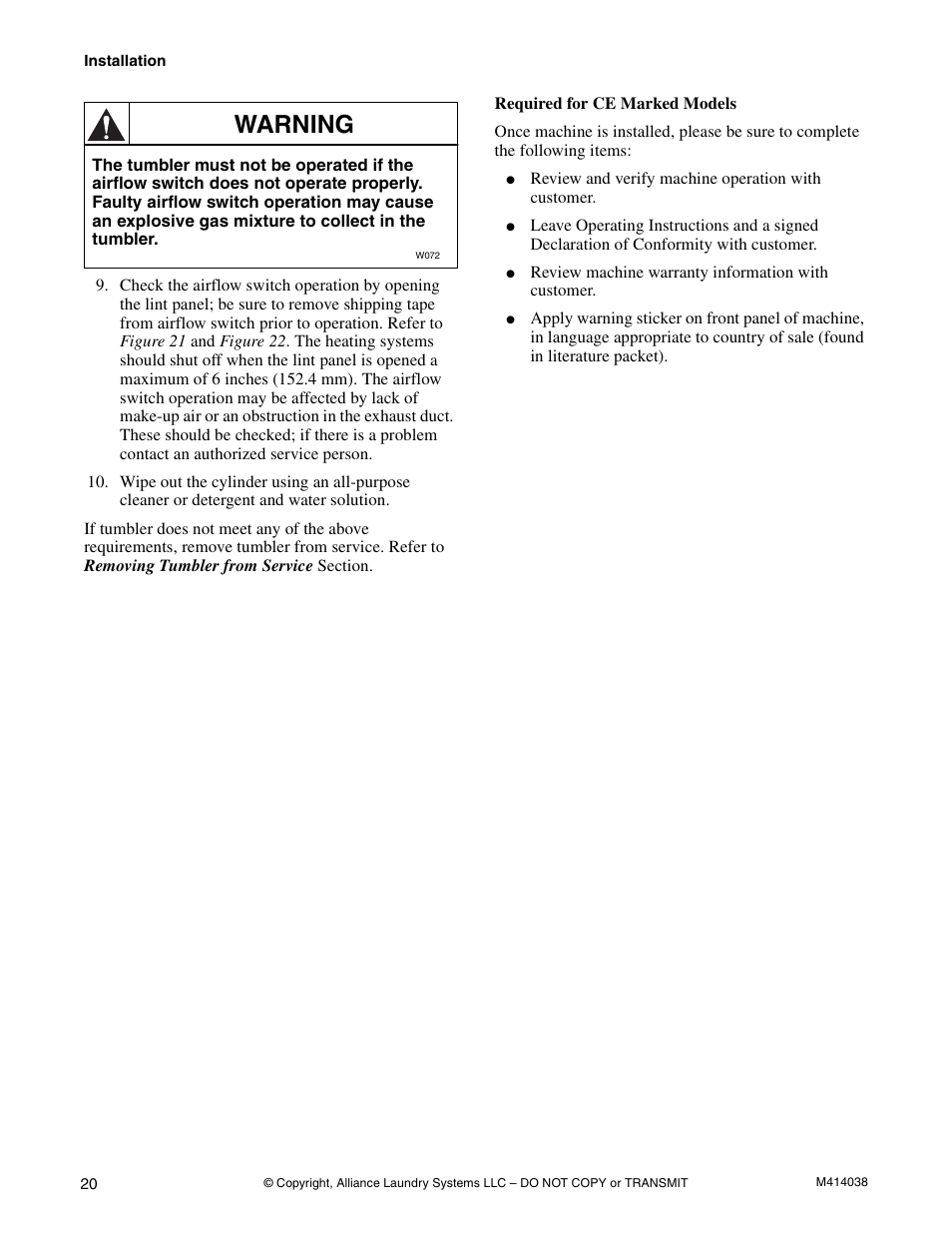 Warning | Alliance Laundry Systems T433I User Manual | Page 22 / 116