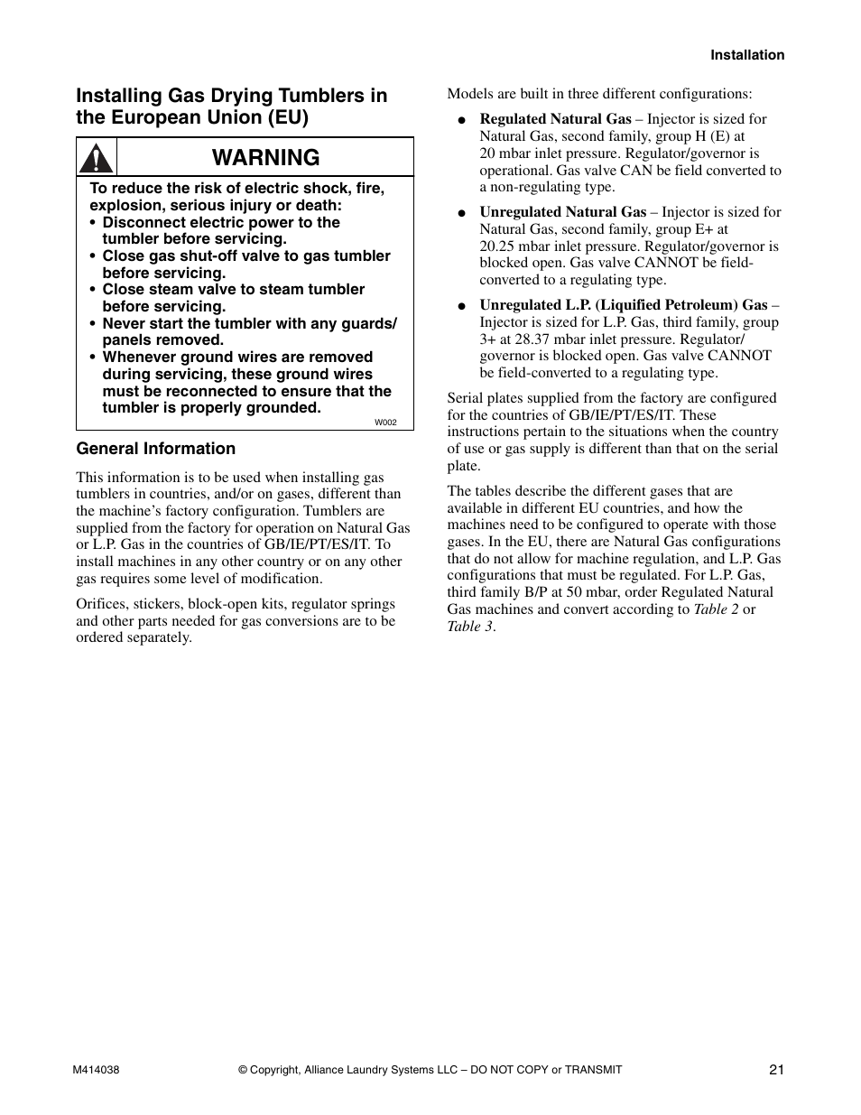 Warning | Alliance Laundry Systems T433I User Manual | Page 23 / 116