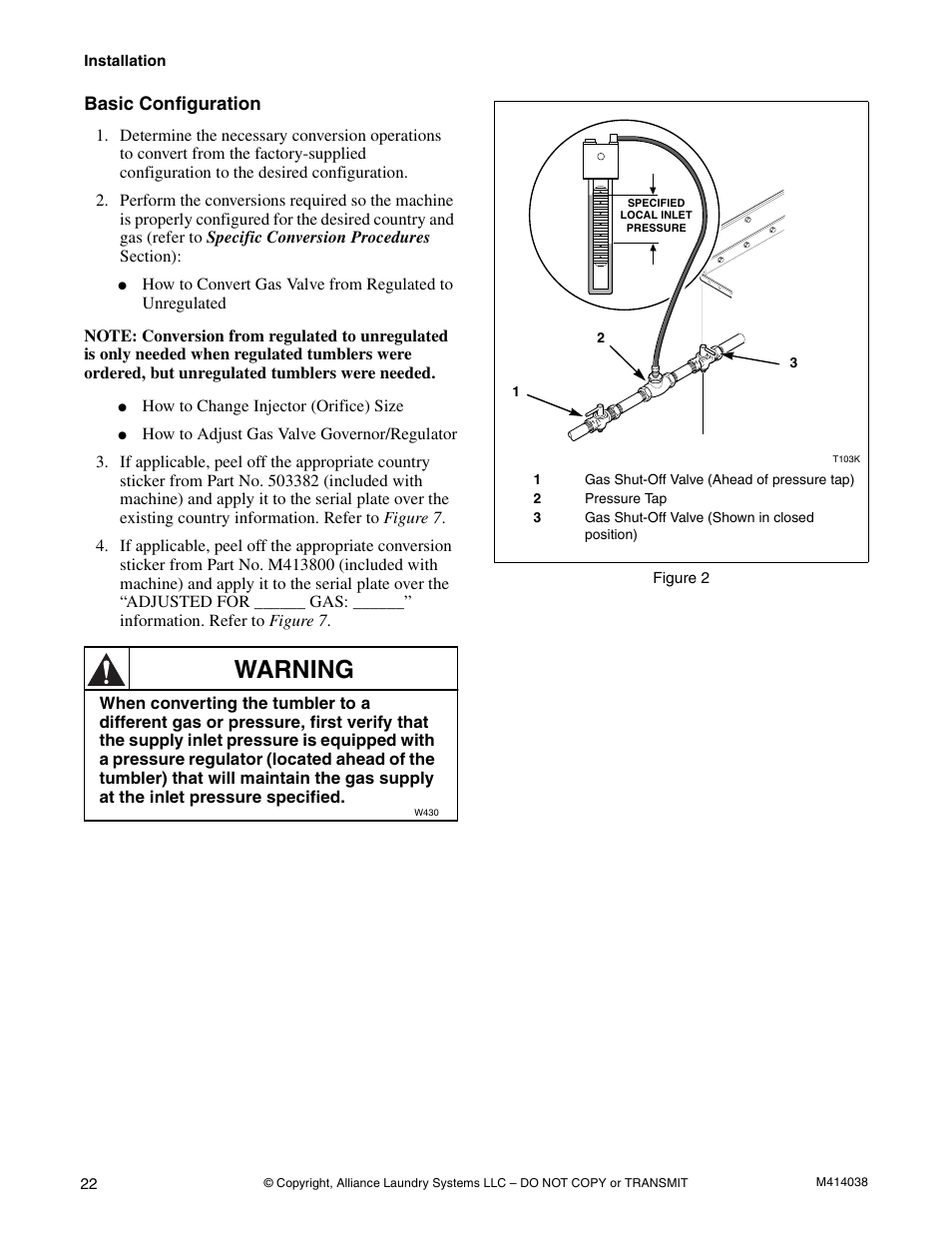 Warning, Basic configuration | Alliance Laundry Systems T433I User Manual | Page 24 / 116