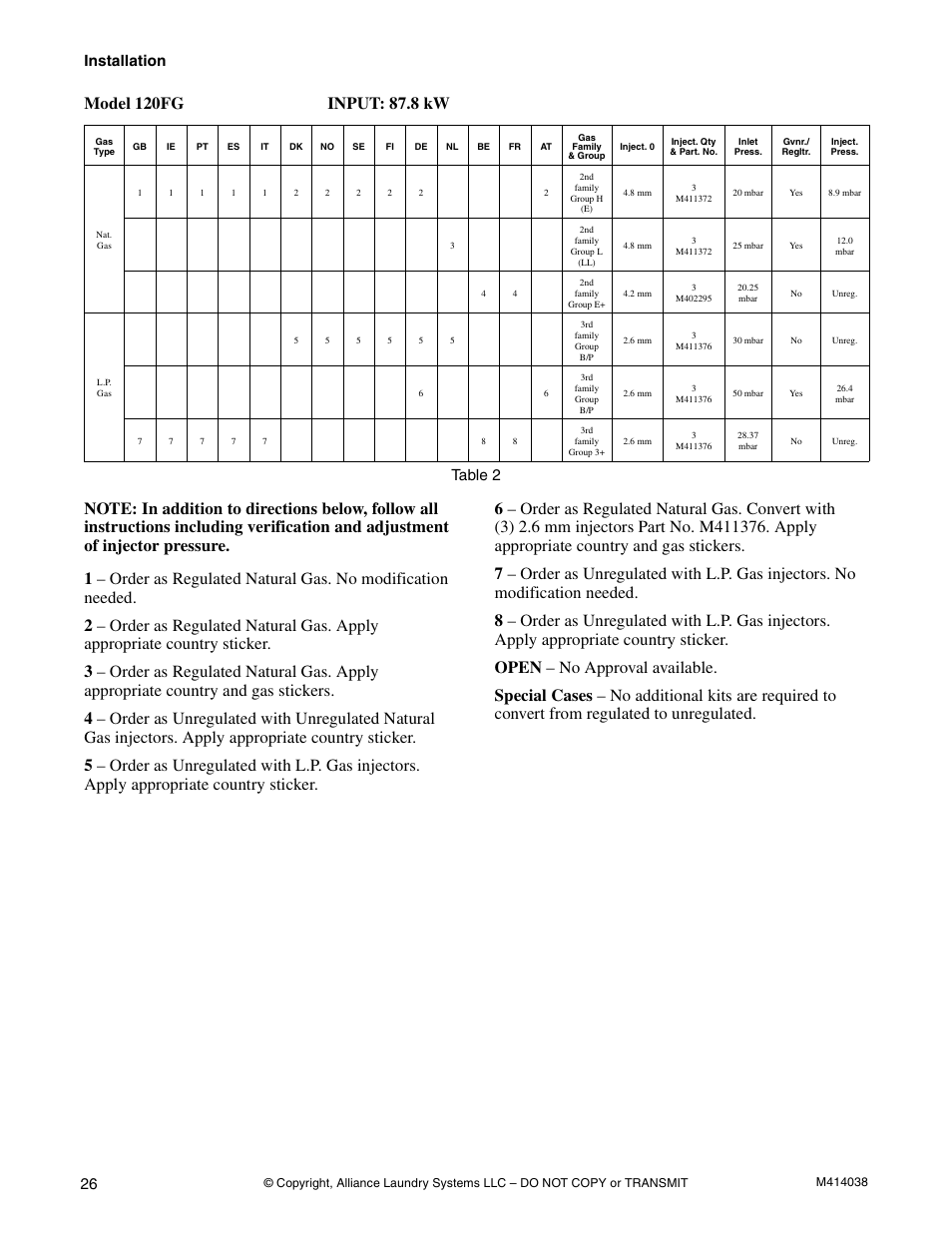 Installation, Table 2 | Alliance Laundry Systems T433I User Manual | Page 28 / 116